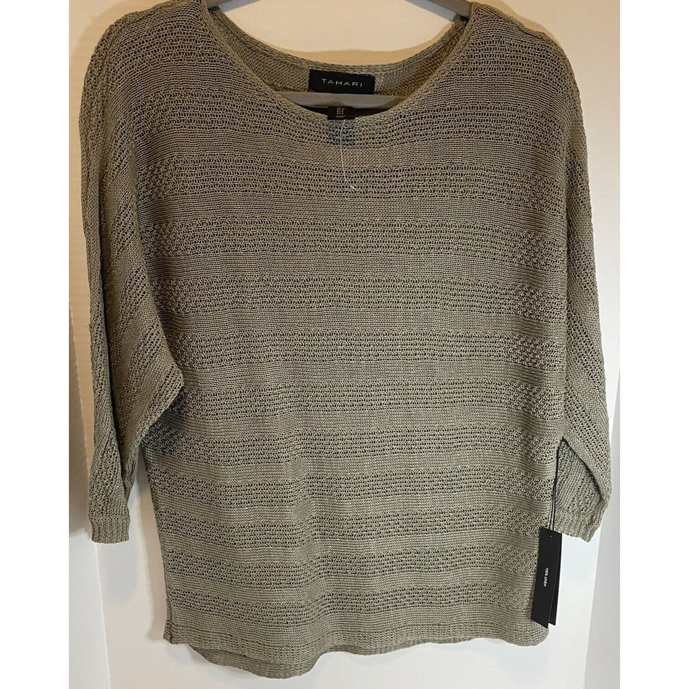 Tahari Pullover Sweater Olive Green Linen Oversized Open Lacy Sleeves Size S